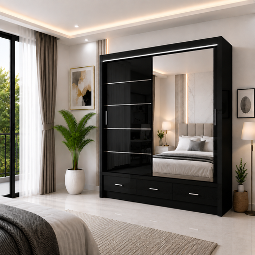 Florence High Gloss Sliding Door Wardrobe with Mirror & LED – White, Black & Grey, Shelves & Drawers