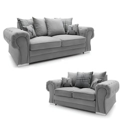 Verona Chenille Corner Sofa – Scroll Arm Tufted Design, 2 & 3 Seater, Chrome Legs