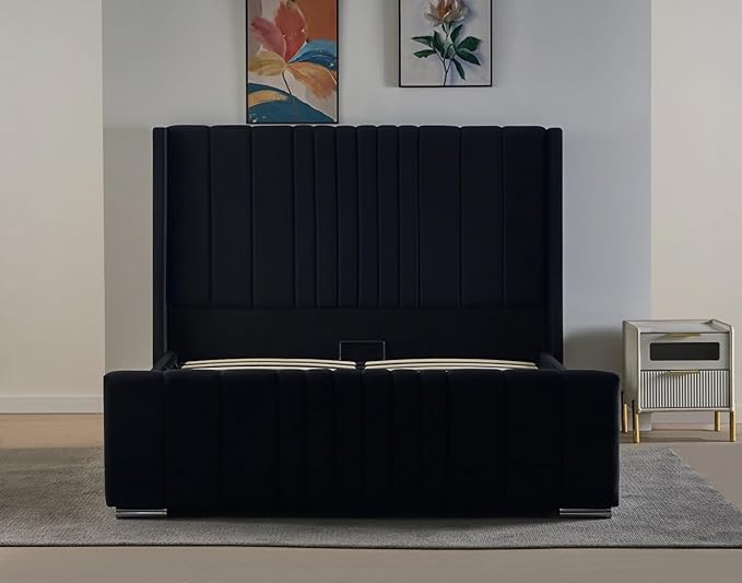 REXwood Furniture  Wingback Ottoman Storage Bed Frame – Double & King Size | Plush Velvet Upholstered Bed with Gas Lift Storage & Tall Vertical Tufted Headboard